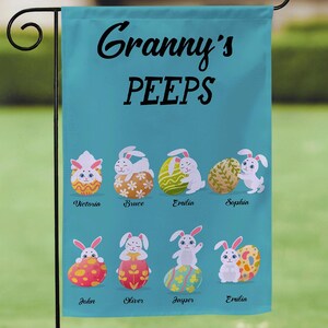 Personalized Easter Garden Flag, Grandkid Easter Flag, Peeps Flag, Easter Bunny Flag Holiday Yard Flag Outdoor decor 12x18 Inch Double Sided