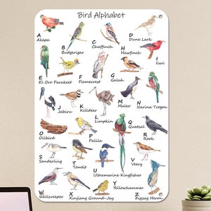 Alphabet Metallschild, Vogel Alphabet, Alphabet Poster Metallschild, Lerndrucke für Kinder, Wandmetallschild für Kinderzimmer zum Studieren Englisch lernen