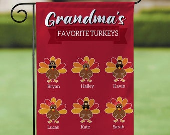 Thanksgiving Grandma Flag,Colorful Turkey Grandkids,Fall Gigi Yard Sign, Autumn Mom Grandmother Garden Decor Flag,Grandkids Name Flag