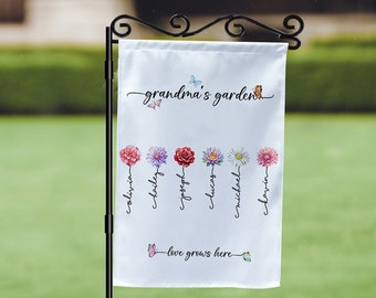 Grandpa&#39;s, Grandma&#39;s Garden Flag, Custom Birth Month Flower With Name Flag, Grandma Love Grows Here Flag Gift,Double-Sided Add Your Photo