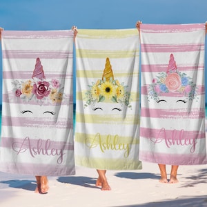 Custom Beach Towels, Personalized Beach Towel with Your Name, Cute Baby Towel with Unicorn, Kids Beach Towel for Girls Towels Birthday Gift