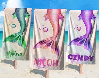 Personalized mermaid tail towel Custom Beach Towel For Girls Mermaid Tail Kids beach towel Girls beach towels Outside Birthday Vacation Gift