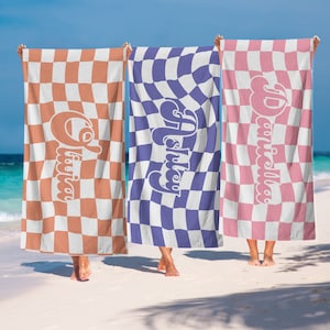 Checker Pattern Custom Beach Towel with Name,Personalized Name Bath Towel Custom Beach Towel With Name  Kids beach towel Girls beach towels