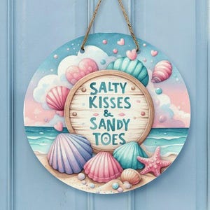 Seashell Door Decor, Beach Seashells Door Decor, Round wreath sign, Wood Round Sign,Summer porch decor, beach decor, Round wreath sign