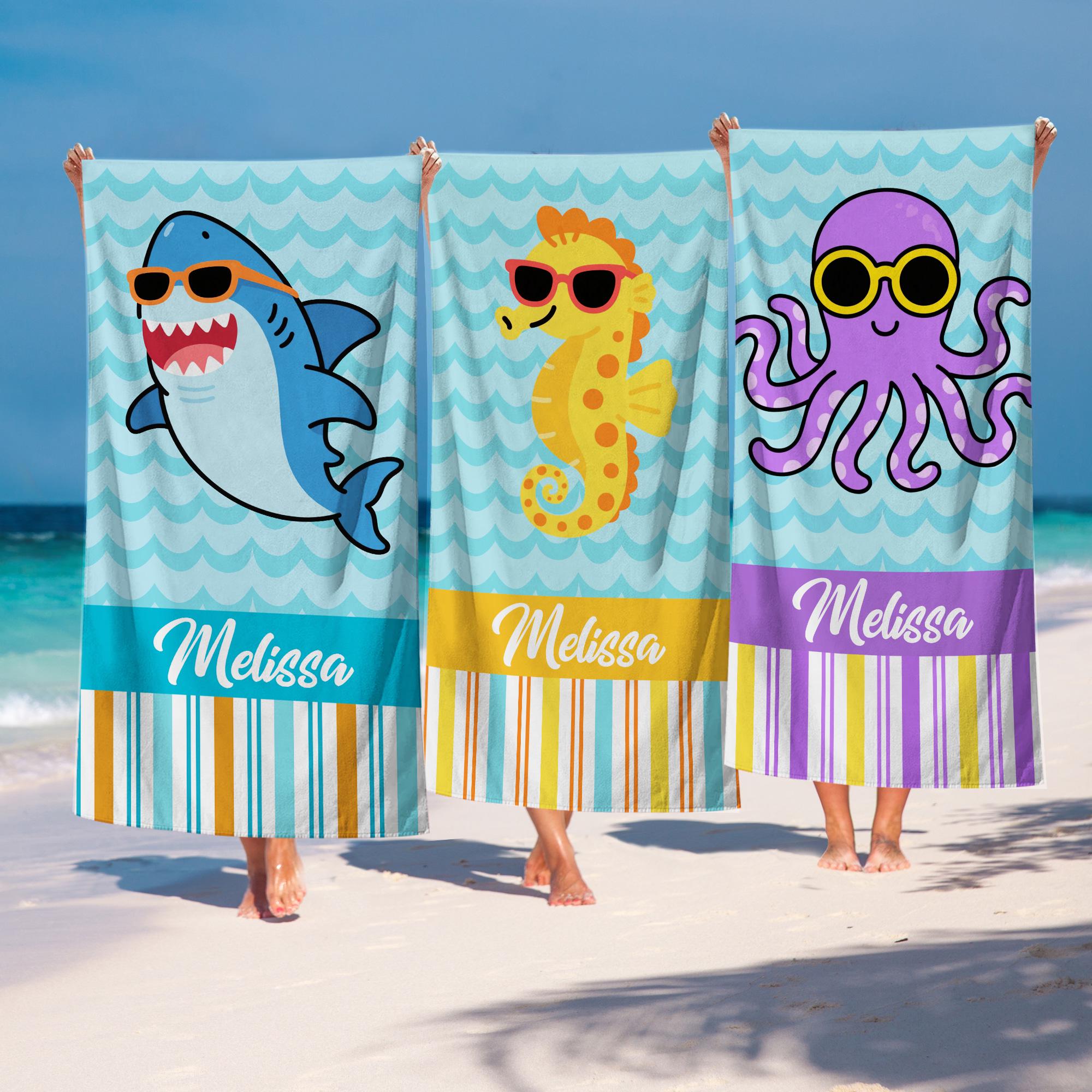 Personalized Beach Towel, Sea Creatures & Sunglasses Pattern, Kids Beach Towels Birthday Gift For Girls Or For Boys, Available In 4 Designs