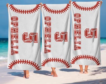 Custom Baseball Beach Towel, Personalized with Name or Number, Baseball Lover Gift, Custom Beach Towels, Kids Beach Towel Sports Towels