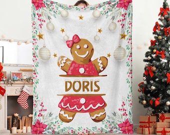 Christmas Gingerbread Family Blanket, Custom Kid's Name Soft Cozy Sherpa Fleece Throw Blanket,Christmas Blanket,Kids Xmas Lover Gift Blanket
