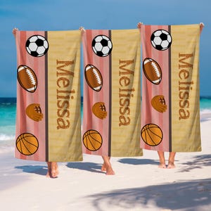 Personalized Sports Beach Towel, Custom Name with Soccer, Football, Baseball Design, Kids Beach Towel Sports Towels For Boys