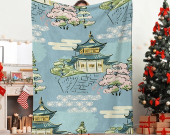 Manta japonesa azul, manta con escena japonesa, manta polar con diseño de flor de cerezo de pagoda japonesa, manta para coche, manta de 30 x 40, 50 x 60, 60 x 80