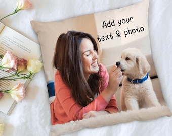 May include: A white pillow with a photo of a woman smiling and feeding a golden retriever puppy. The text "Add your text & photo" is printed on the pillow.