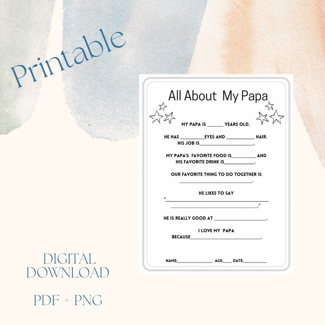 All About Papa, Papa Printable, Father's Day Info Sheet, Father's Day ...