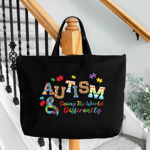 Autism Tote Bag for Teacher, Awareness Month Autism, Reusable Grocery Tote Bag, Autism Zipper Bag For Mom, Autism Gift, Autism Tote For Mom