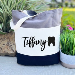 Personalized Dental Tote – Script Name With Tooth Icon – Dentist Appreciation Gift – Canvas Carry Bag