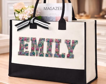 Bolso de mano personalizado con nombre, bolso de viaje floral personalizado, organizador preppy para el día a día.
