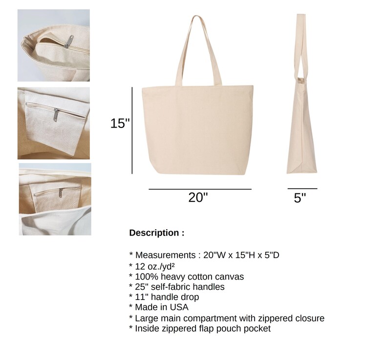 the measurements of a canvas tote bag