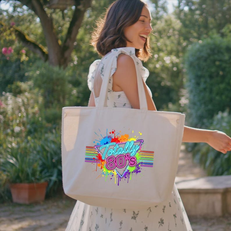 Totally 80's Canvas Tote Bag, Colorful 80's Gift Bag, Neon Retro 1980's , 80's Party image 2