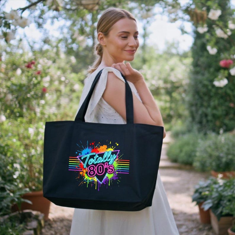 Totally 80's Canvas Tote Bag, Colorful 80's Gift Bag, Neon Retro 1980's , 80's Party image 1