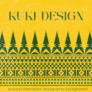 Puede incluir: Un diseño digital con fondo amarillo y patrones geométricos verde oscuro. El texto "KUKI DESIGN" está en la parte superior. El diseño incluye formas repetidas y las palabras "island download | transparent background" en la parte inferior.