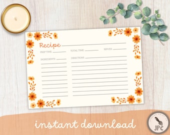 Orange Floral Recipe Cards | Printable Modern Recipe Card | Bridal Shower Recipe Card | 4x6 Blank Cards | INSTANT DOWNLOAD