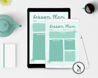 May include: Two tablets displaying a "Lesson Plan" template in a mint green and white color scheme. The design includes sections for name, date, objectives, activities, materials, and notes. A teapot, cup, notebook, and stylus are also visible.