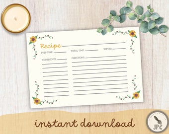 Gelbe Blumenrezeptkarten | 4x6 Blankokarten (Instant Download)