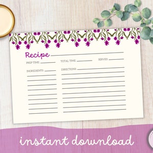 Purple Floral Recipe Cards | Printable Modern Recipe Card | Bridal Shower Recipe Card | 4x6 Blank Cards | INSTANT DOWNLOAD