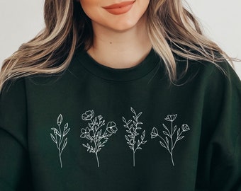 Wildflowers Sweatshirt - Floral and Botanical Sweater - Women's Unisex Minimalist Dark Green Crewneck Pullover, Flowers and Plants