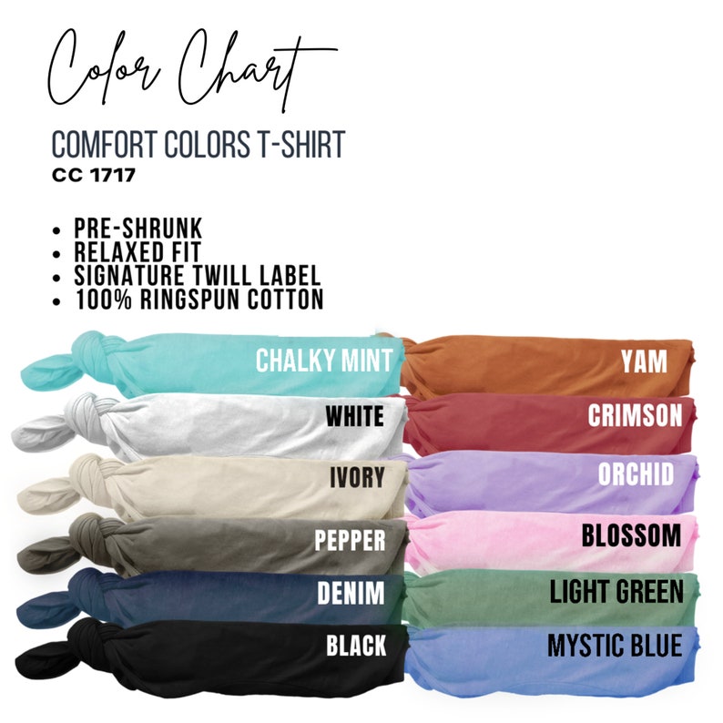 Pode incluir: Carta de cores que mostra 12 cores de camiseta diferentes, incluindo Menta Cremosa, Branco, Marfim, Pimenta, Denim, Preto, Yam, Carmesim, Orqu&iacute;dea, Flor, Verde Claro e Azul M&iacute;stico. A carta est&aacute; etiquetada como "Comfort Colors T-Shirt CC 1717".
