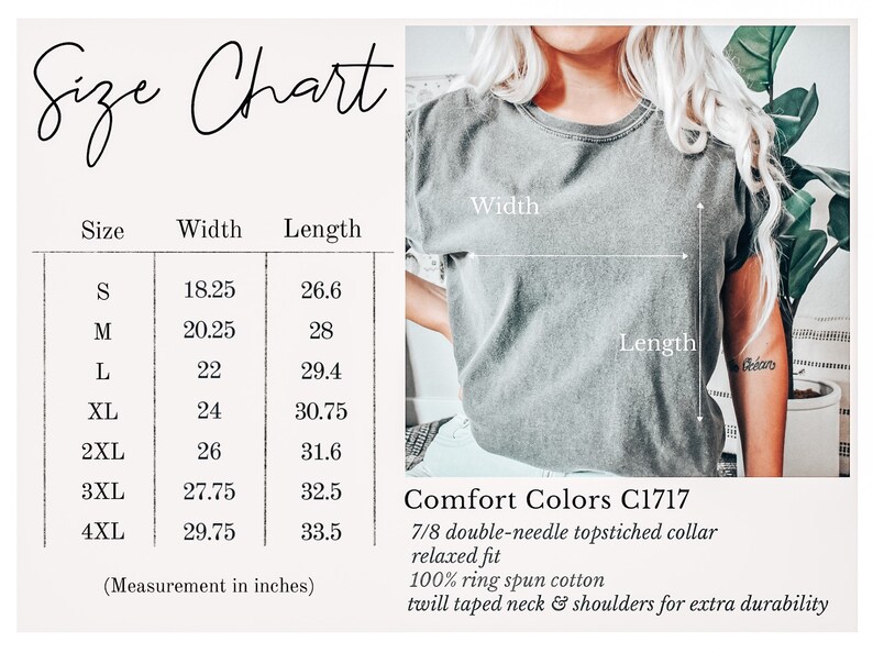 Pode incluir: Tabela de tamanhos para uma camiseta com medidas em polegadas para os tamanhos S a 4XL. A tabela mostra a largura e o comprimento da camiseta em polegadas. O texto "Comfort Colors C1717" tamb&eacute;m est&aacute; vis&iacute;vel, juntamente com detalhes sobre a constru&ccedil;&atilde;o da camiseta, incluindo uma gola de agulha dupla 7/8, caimento relaxado, 100% algod&atilde;o ring spun e gola e ombros com fita de sarja para maior durabilidade.