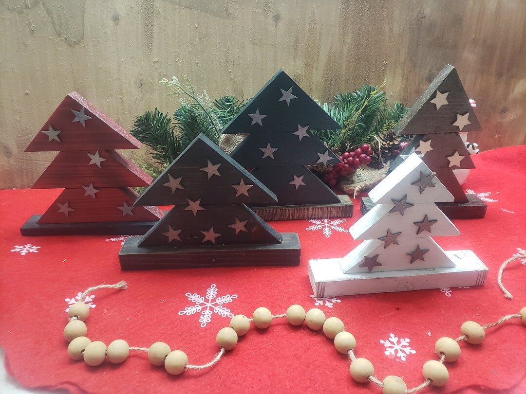 4 Wood Christmas Trees With Wood Stars, Farmhouse Trees, Holiday