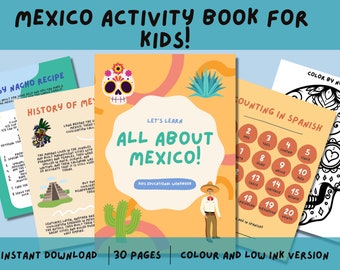 May include: A colorful activity book for kids about Mexico. The cover features a bright yellow background with a cartoon skull, cactus, and a man in traditional Mexican clothing. The book includes activities like counting in Spanish, coloring, and learning about Mexican history. The text on the cover reads "Let's Learn All About Mexico! Kids Educational Workbook".