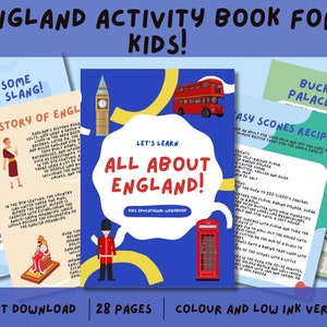 Puede incluir: Un libro de actividades colorido para niños sobre Inglaterra. La portada presenta un autobús de dos pisos rojo, una cabina telefónica roja y el Big Ben. El libro incluye 28 páginas y está disponible en versiones a color y de baja tinta. El texto de la portada dice "¡Aprendamos todo sobre Inglaterra!" y "Cuaderno educativo para niños".