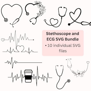 Stetheskop und EKG Herz SVG Bundle | Stetheskop SVG | Krankenschwester Krankenschwester Herz Linie SVG für das Basteln von Krankenschwester Geschenken