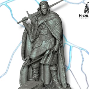 May include: A gray statue of a man in medieval attire, holding two swords. The figure is wearing a fur-lined cloak and boots. The text "Highlander There Can Only Be One" is visible in the upper right corner.