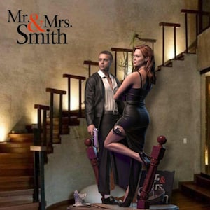 May include: A collectible figurine set featuring two figures, a man in a black suit and a woman in a black dress, standing on a base. The text Mr. & Mrs. Smith is printed in black and red. The figures are posed in a dynamic stance with a small handgun.