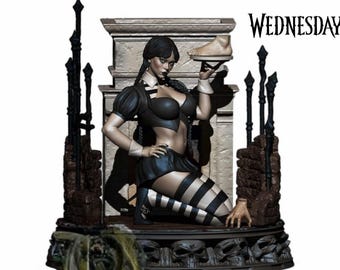 May include: A black and white figurine of a woman in a black dress and striped stockings, holding a tray with a foot on it. The figurine is standing in front of a fireplace with a stone mantle. The word "WEDNESDAY" is written in black letters on a white background in the top right corner of the image.