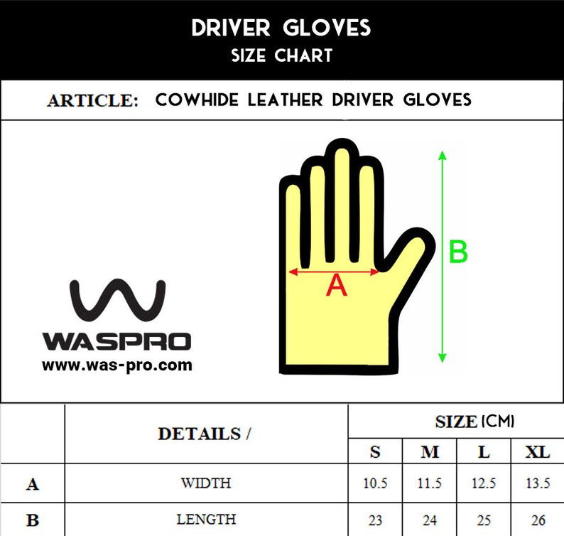 Puede incluir: Tabla de tallas para guantes de conducir de cuero de vaca. La tabla muestra las medidas de ancho y largo en cent&iacute;metros para las tallas S, M, L y XL.