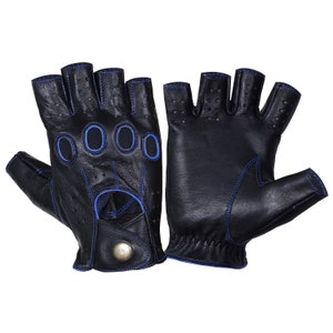 Black Blue leather gloves HALF,Leather Driving gloves, Mens knuckle gloves, chauffeur gloves, Geniune Leather gloves, Fashion leather gloves