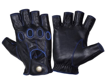 Black Blue leather gloves HALF,Leather Driving gloves, Mens knuckle gloves, chauffeur gloves, Geniune Leather gloves, Fashion leather gloves