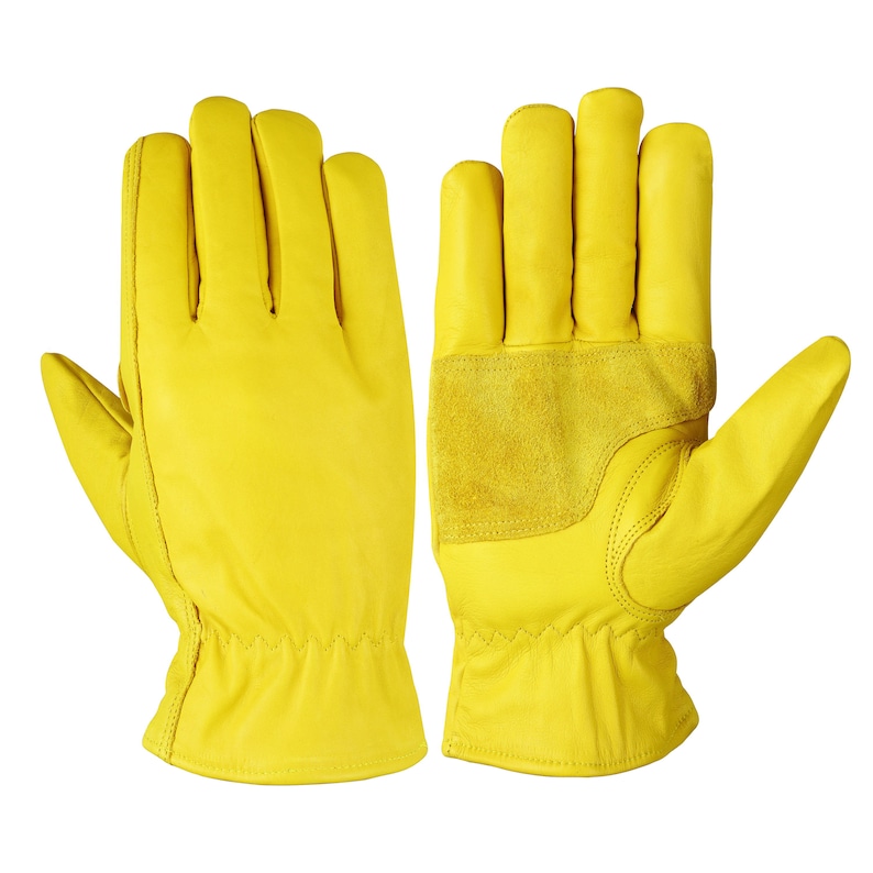 Puede incluir: Un par de guantes de trabajo de cuero amarillo con un parche de gamuza en la parte posterior de la mano.