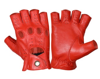 Half Finger Red leather gloves,Leather Driving gloves, Mens knuckle gloves, chauffeur gloves, Geniune Leather gloves, Fashion leather gloves