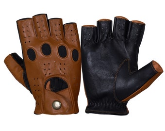 WASPRO – Luvas de couro de meio dedo preto marrom escuro, luvas de couro para dirigir, luvas de motorista, luvas de couro de pele de cordeiro