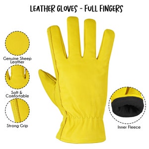 Puede incluir: Guantes de cuero amarillos con dedos completos, hechos de cuero de oveja genuino. Los guantes tienen un forro suave y c&oacute;modo y un agarre fuerte. Los guantes tambi&eacute;n tienen un forro interior de polar.