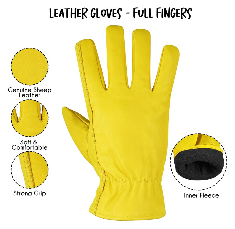Puede incluir: Guantes de cuero amarillos con dedos completos, hechos de cuero de oveja genuino. Los guantes tienen un forro suave y c&oacute;modo y un agarre fuerte. Los guantes tambi&eacute;n tienen un forro interior de polar.