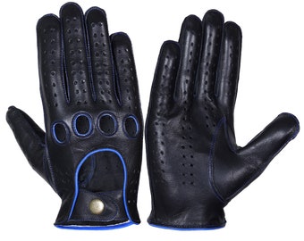 Black Blue leather gloves,Leather Driving gloves, Mens knuckle gloves, chauffeur gloves, Geniune Leather gloves, Fashion leather gloves