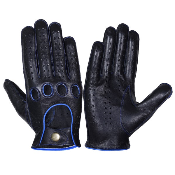 Black Blue leather gloves,Leather Driving gloves, Mens knuckle gloves, chauffeur gloves, Geniune Leather gloves, Fashion leather gloves