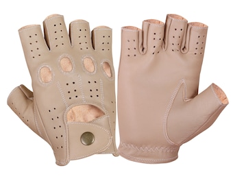 WASPRO - Beige leather gloves half,Beige Leather gloves, Lambskin Leather gloves, Mens knuckle gloves, chauffeur gloves,