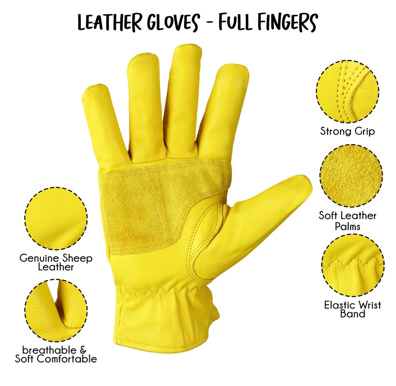 Puede incluir: Guantes de trabajo de cuero amarillo con dedos completos. Los guantes tienen un agarre fuerte, palmas de cuero suave y una banda el&aacute;stica para la mu&ntilde;eca. Los guantes est&aacute;n hechos de cuero de oveja genuino, son transpirables y c&oacute;modos.
