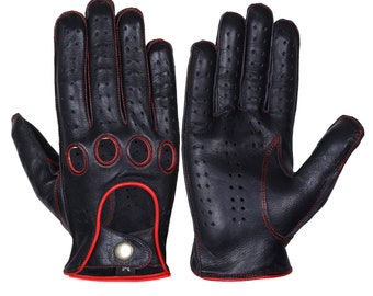 WASPRO - Black Red leather gloves,Leather Driving gloves, chauffeur gloves, Lambskin Leather gloves, Fashion leather gloves