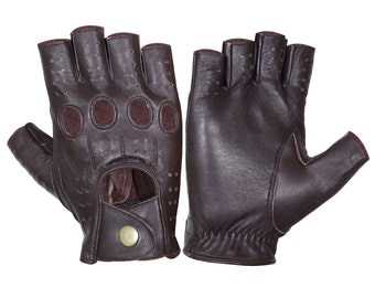 WASPRO Dark Brown half finger leather gloves,Leather Driving gloves, Lambskin Leather gloves, Fashion leather gloves